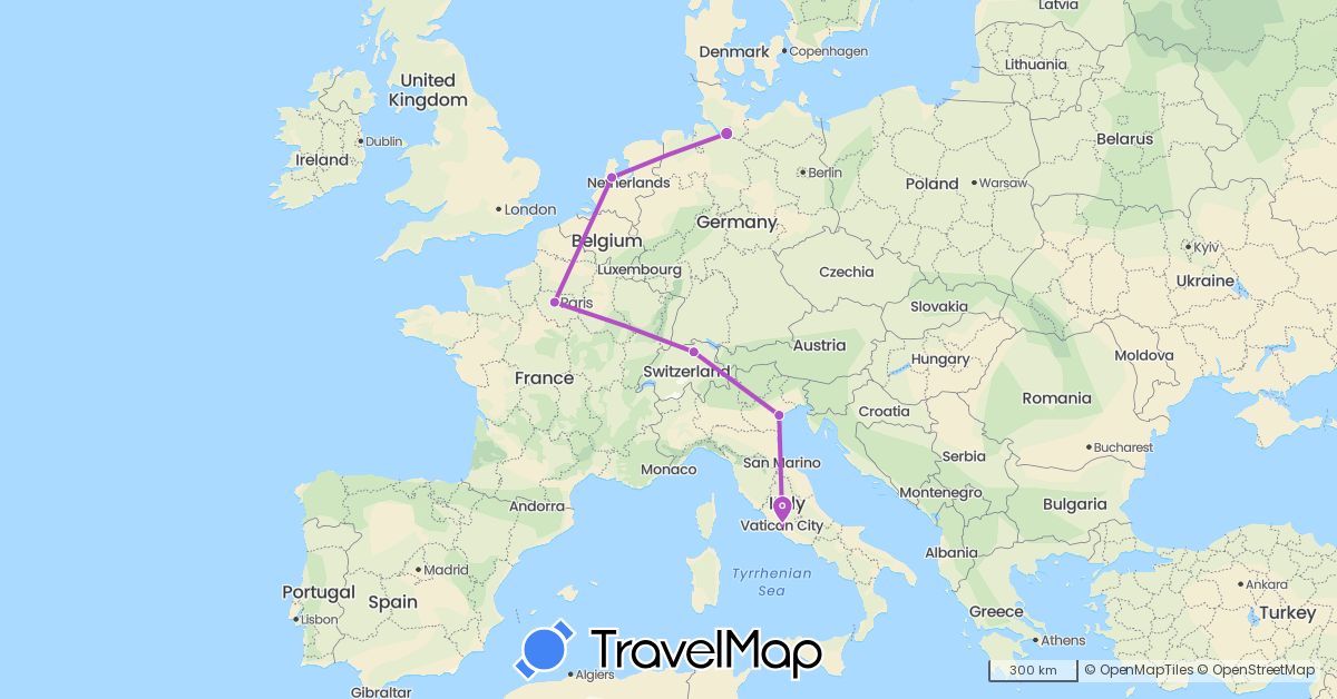 TravelMap itinerary: train in Switzerland, Germany, France, Italy, Netherlands (Europe)